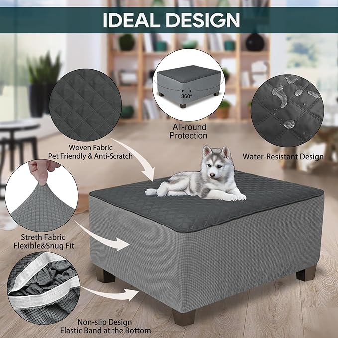 NeColorLife Ottoman Cover Rectangle Waterproof Ottoman Slipcover Rectangular Thick Storage Footrest Stool Covers Furniture Protector for Pets(Small,Dark Gray&Light Gray)