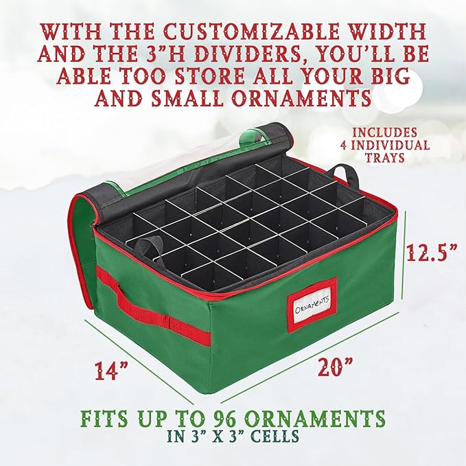 HOLDN’ STORAGE Christmas Ornament Storage Box with Dividers - Fits 96-3” Ornaments, 4 Removable Trays, Durable & Space-Saving, Clear Top Lid, Convenient Storage Designed, Green