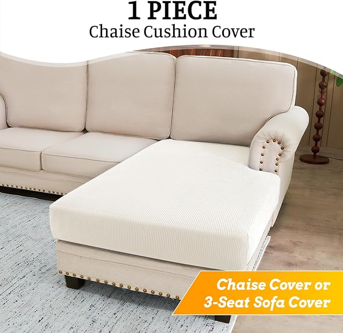 Sectional Couch Covers for Sofa Cushion L Shaped Couch Cover Washable Soft Couch Cushion Covers Stretch Sofa Slipcovers(1-Piece for Chaise or Sofa 3-Seater, White)