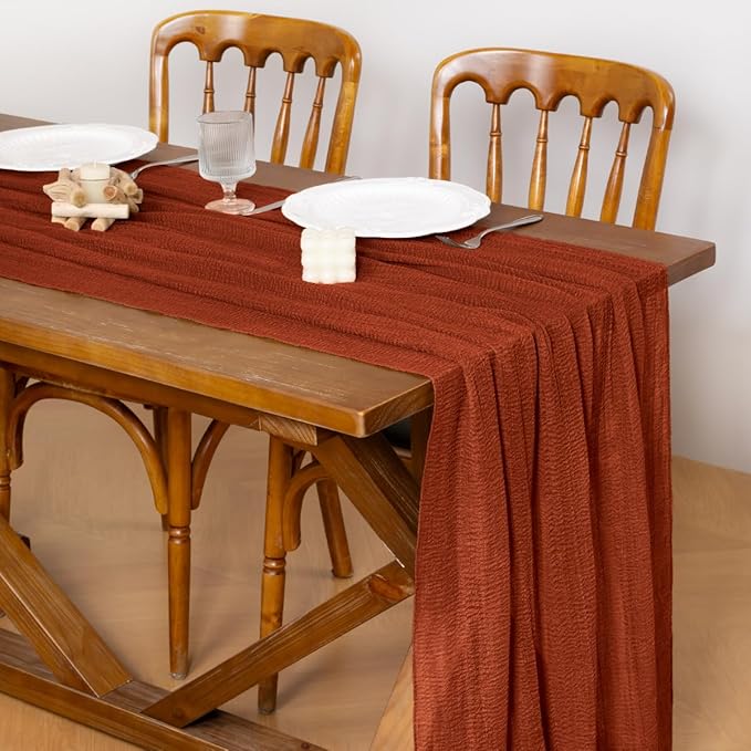 Socomi Terracotta Cheesecloth Table Runner Valentine's Day Gauze 120 Inch Rustic Boho Cheese Cloth Runner for Wedding Party Baby Bridal Shower Centerpiece Decoration Holiday Home Decorations