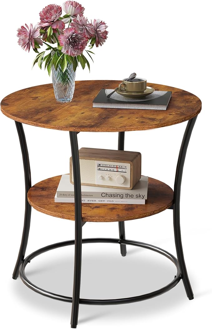 WLIVE Side Table, Round End Table with 2 Storage Shelves for Living Room, Bedroom, Nightstand with Steel Frame for Small Spaces, Accent Coffee Table, Rustic Brown