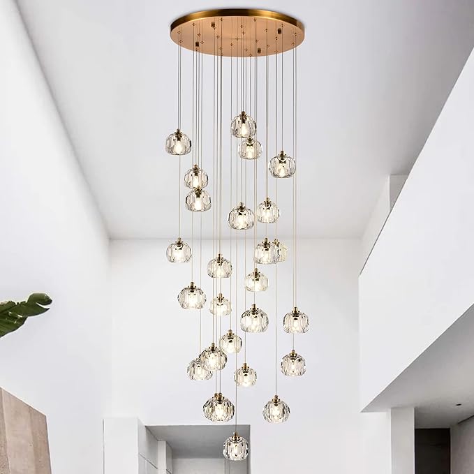 26-Light Crystal Chandeliers Long, 78W Staircase Raindrop Chandelier for High Ceiling Brass, Clear Crystal Pendants Large Ceiling Chandelier Lighting for Living Room Foyer