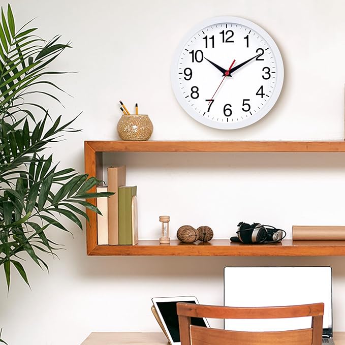Wall Clock Modern 10 Inch Battery Operated Silent Non Ticking Analog Clock Decorative for Bedroom Kitchen Bathroom Office Home (White)