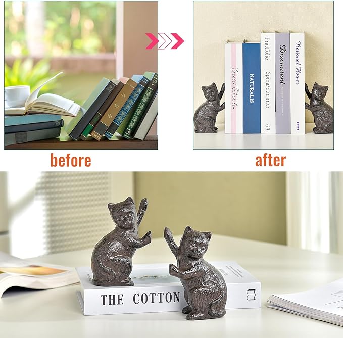 Sungmor Cast Iron Cat Sculpture Decorative Bookends, Animal Book End for Shelves Vintage Home Office Decor, Funny Bookend to Hold Books, Set of 2 Antique Brown Cat Statues