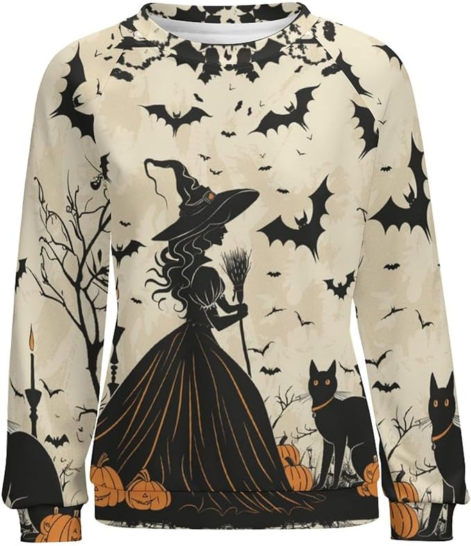 Halloween Sweatshirts for Women Funny and Spooky Print Crewneck Oversized Pullover Outdoor Lounge Fashion Sweater