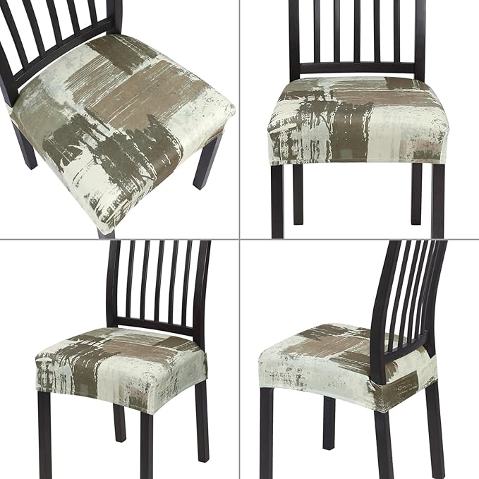 SearchI Stretch Dining Chair Seat Covers Set of 4, Soft Removable Washable Seat Covers for Dining Chairs, Dining Room Seat Cover Protector (Rear-Covered, Stripe Coffee)