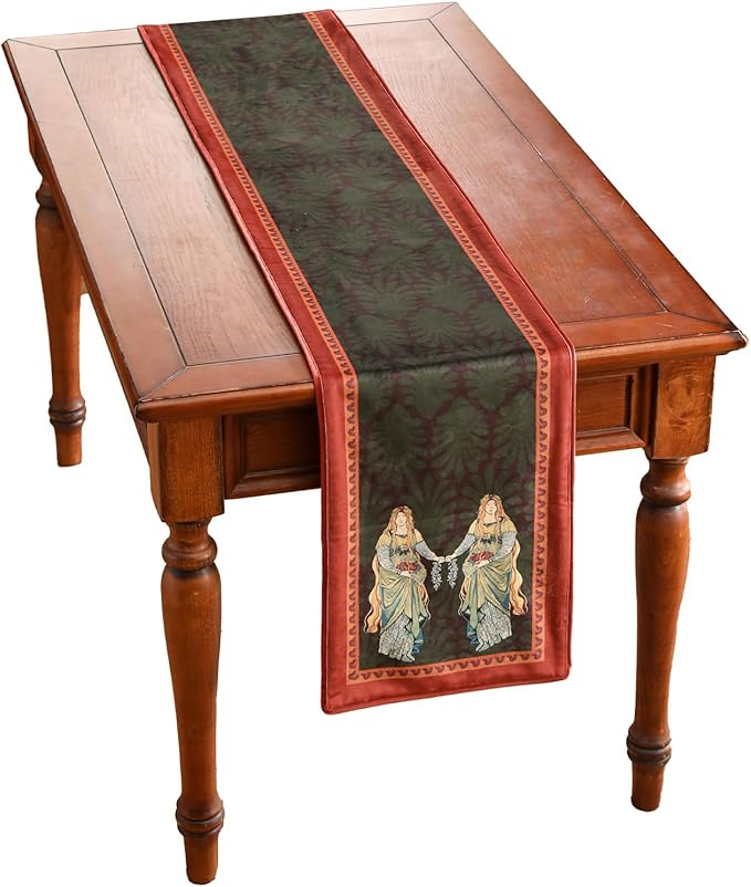 patdrea Designer Mysterious Oil Painting Figures Velvet Table Runner, Brown Green with Palm Frond Pattern Table Mat, Decoration for Kitchen Dining Coffee Table Cabinet Banquet Thanksgiving,12"*118"