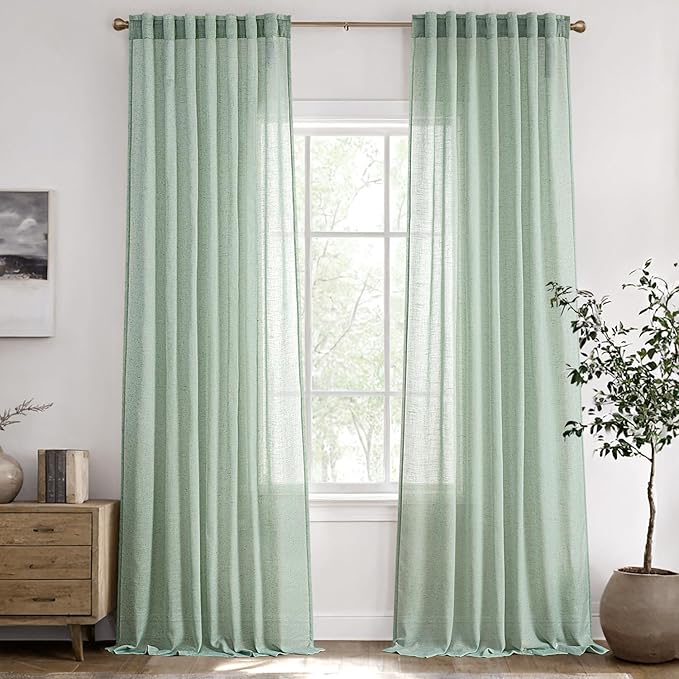 ANRODUO Sage Green Linen Curtains 84 Inch Length 2 Panels for Living Room Light Filtering Semi Sheer Back Tab Curtain Drapes for Bedroom Neutral Farmhouse Decor 84 Inches Long Light Green Colored