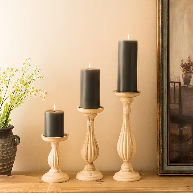 MOZEAL 3" x 6" Hand-Poured Unscented Candle,Dripless Pillar Candle Set of 3,Long Lasting Burning,Approx 120 Hours Burn Time,Rustic Country Style,for Wedding,Dinner,Christmas and Home Decor,Dark Gray