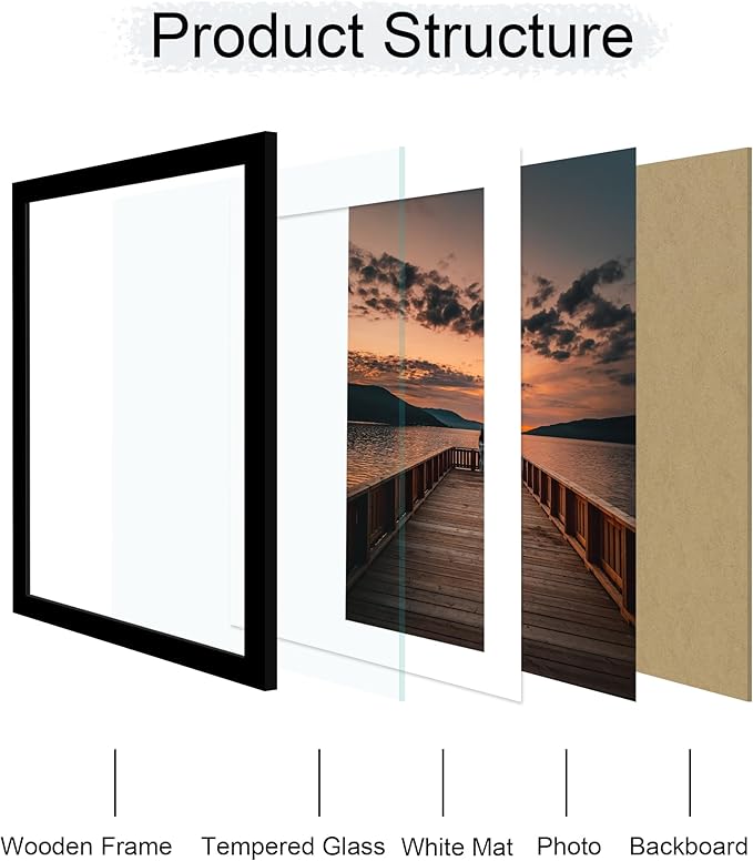 14x20 Poster Frame Set of 2, 14 x 20 Wood Picture Frames with Mat for 12x18, Wooden Photo Frame with Tempered Glass Cover for Wall Mounting Display, Black