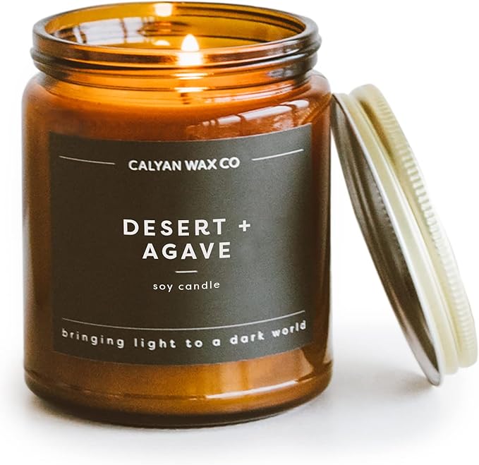 Calyan Wax Co. Desert & Agave Scented Candle - 57 Hour Burn - Luxury Non Toxic Soy Wax Candles - Long Lasting Amber Glass Jar Candle for Home - 7.2oz
