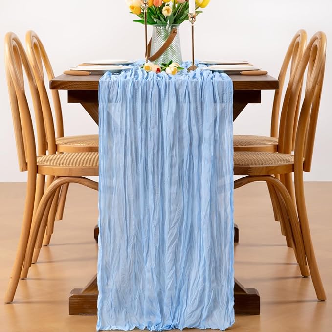 Baby Blue Table Runner 3pcs Light Blue Valentine's Day Cheesecloth Table Runner 22×120 inches 10FT Boho Gauze Table Decor for Farmhouse Wedding Baby Shower Birthday Party Ceremony