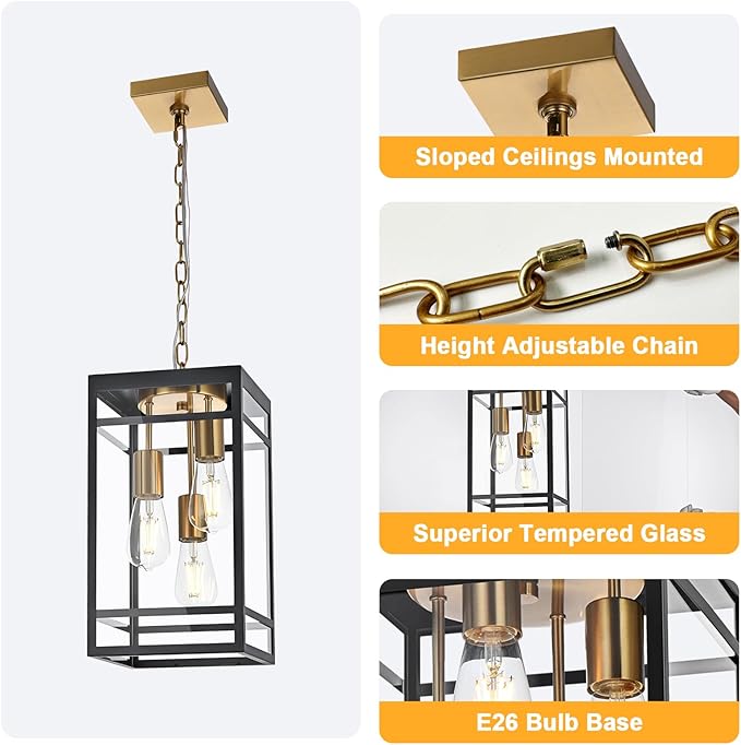 3-Light Outdoor Pendant Lights for Porch, Black & Brushed Brass Outdoor Chandelier 16'' Exterior Hanging Porch Light Fixtures w/Clear Glass, Waterproof Outside Pendant Lantern for Garage
