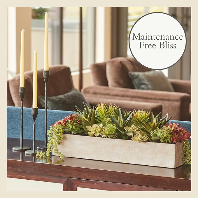Oblong Faux Succulent Arrangement, 27" Premium Artificial Indoor Plant Enhances Interior Design, Display on any Surface in Your Home Adding an Inviting Touch of Nature, Natural Planter Pot Included