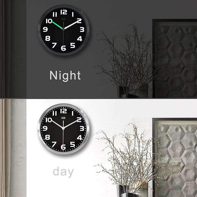 HITO 10 Inch Night Light Wall Clock Battery Operated Brightness Adjustable, Silver Aluminum Frame, Glass Cover(Hands + Numbers Illuminate)
