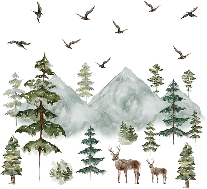 Mountain Wall Decals Large Pine Tree Wall Decals Peel and Stick Forest Tree Deer Birds Woodland Animal Decal Mountain Trees Stickers for Kids Room Nursery Decor