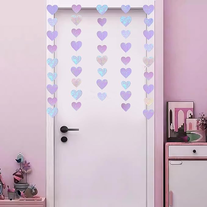 Iridescent White Heart Decorations Double Sided Sequin Fabric 3D Heart Hanging Wall Art Heart Garland Streamer for Nursery Classroom Bedroom Wall Valentines Day Holiday Weeding Anniversary Home Decor