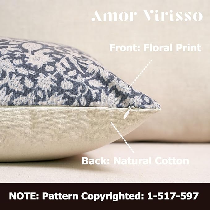 Amor Virisso Throw Pillow Covers 20x20 Floral Pillow Covers Block Print Farmhouse Neutral Pillow Covers Decorative Accent Throw Pillows for Couch Bed Living Room Sofa Pillows 1PC, Dusty Blue