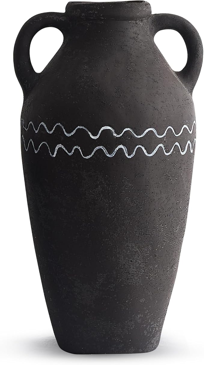 Large Black Ceramic Vase, 12.4" H Farmhouse Rustic Decorative Vase Table Centerpiece, Pottery Terracotta Tall Vases Living Room Bathroom Weddings Decorations
