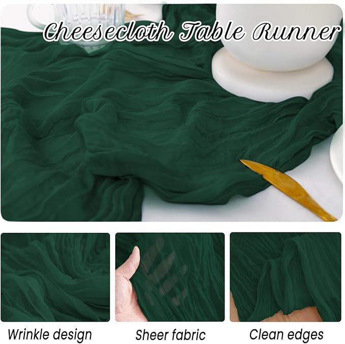 10Pack Emerald Green Cheesecloth Table Runner,10FT/120 Inch Boho Gauze Fabric Table Runner,Rustic Sheer Dark Green Cheese Cloth Runner Bulk for Wedding,Bridal Baby Shower,Christmas Party,Table Decor