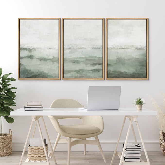 MUDECOR Framed Canvas Print Wall Art Sage Green Abstract Prints Minimalist Modern Wall Art Decor for Bedroom - 16"x24"x3 Natural