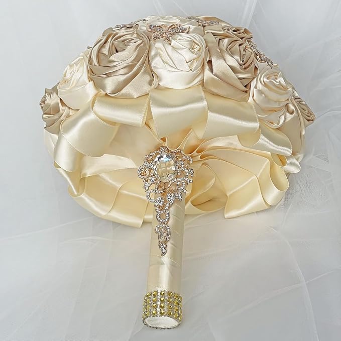 Handmade Floral Satin Rose Butterfly Shape Rhinestone Bridal Bouquet Luxury Golden Rhinestone Artificial Flowers for Wedding