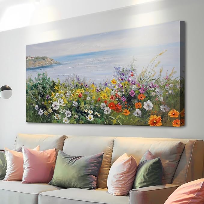 Acocifi Coastal Floral Wall Art Canvas Nature Flower Landscape Seascape Painting Colorful Wildflowers Picture, Large Textured Artwork for Living Room Bedroom Bathroom Kitchen Office Home Decor 40"x20"