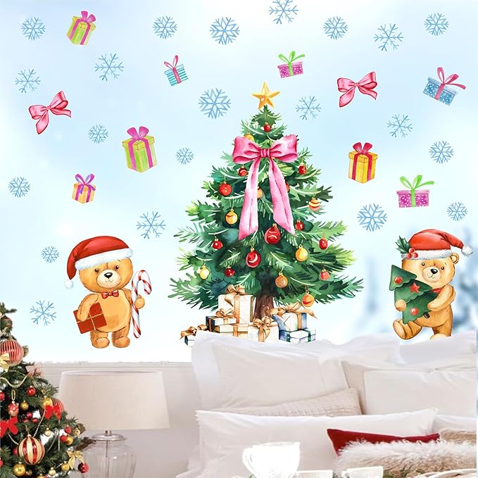 Large Christmas Tree Wall Decals Removable Watercolor Giant Pine Tree Wall Stickers Snowflake Wall Decals Peel and Stick Holiday Christmas Party Decorations