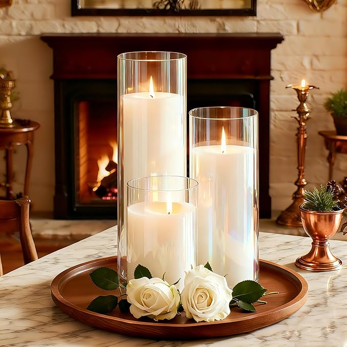 24 Pcs White Pillar Candles and Glass Cylinder Vases Clear Glass Pillar Candle Holders Hurricane Glass Candle Holders for Table Centerpieces Wedding, Party, Event, Home Office