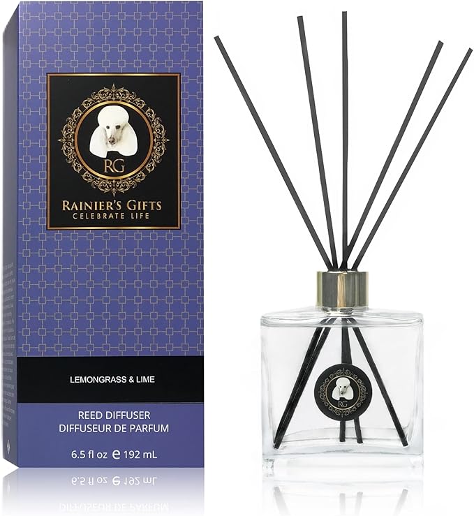 Rainier’s Gifts Reed Diffuser Set (Lemongrass & Lime) - Scented Oil Diffuser Sticks - Home Fragrance Aromatherapy Air Freshener 6.5 fl oz