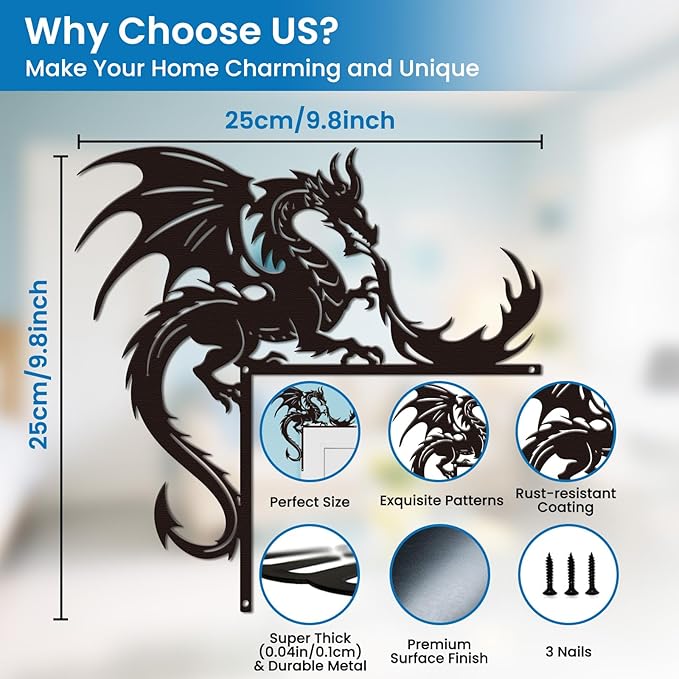 CUTHOLLOW 2Pcs Dragon Door Topper Sign Wall Art Decor, 9.8"x9.8" Metal Unique Hanging Above Door Frame Corner Accent for Living Room Front Door Hallway Bedroom Bathroom, Gift for Xmas Housewarming