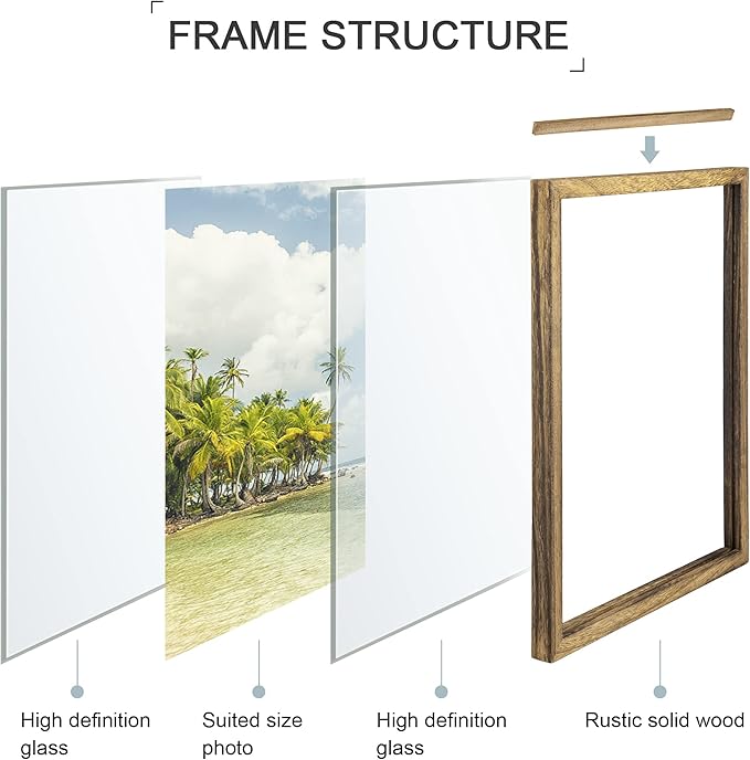 DLQuarts 11x14 Floating Photo Picture Frame, Floating Display for Photos 8x10, 7x9, 5x7, 8.5x11 Certificate, or Full Display for 11x14 Photos, Solid Wood, Double Glass, 2 Pack, Carbonized Brown