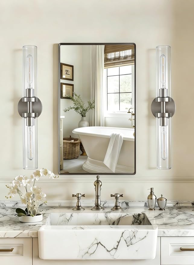 AT-VALY Wall Sconces Set of Two,Vanity Light Fixtures with Clear Glass,Modern Sconces Wall Decor for Bathroom, Living Room Mirror (Brushed Nickel)