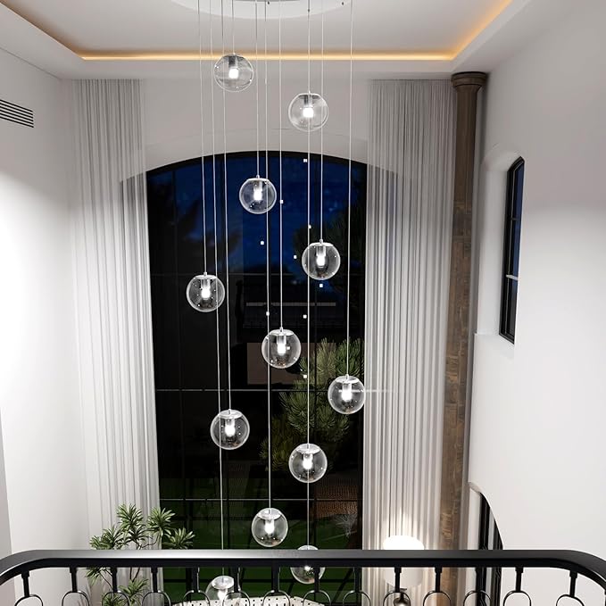 H138 LED Staircase Chandelier 15-Lights Glass Globe Pendant Light Large Chandeliers for High Ceilings, Entryway Modern Lighting Fixture Villas and Stairs