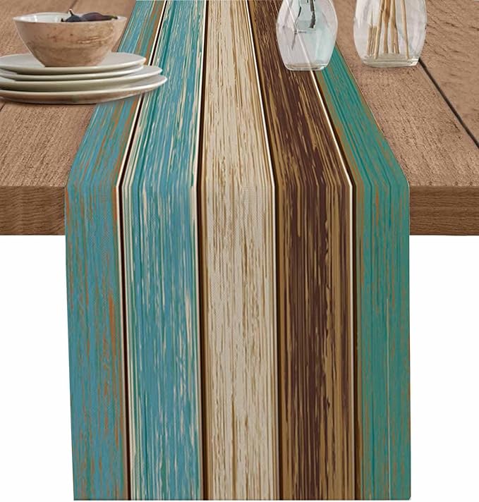 Table Runners 14X48 Inches Long, Teal Turquoise Green Brown ,Cotton Linen Farmhouse Retro Rustic Barn Wood Texture Tablecloths Non-Slip Party Table Decorations for Kitchen ,Home ,Dining ,Outdoor,