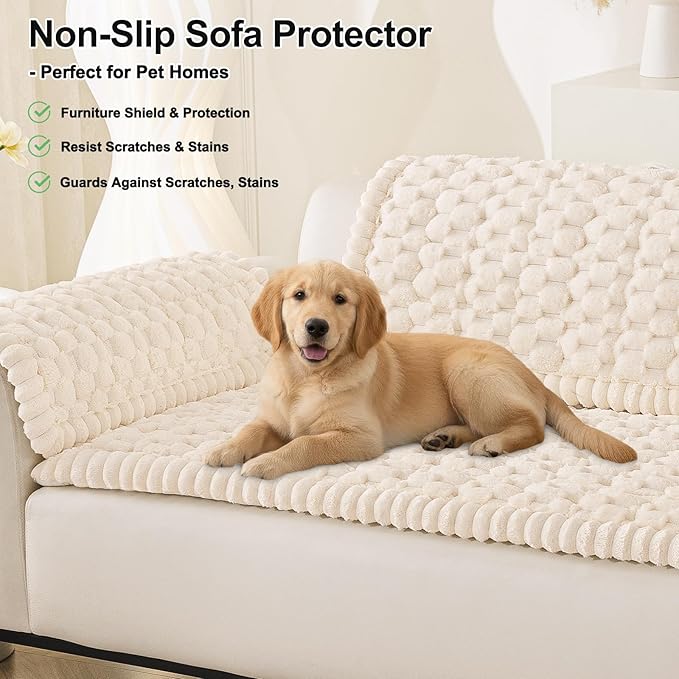 Smiry Pet Couch Cover for 3 Cushion Sofa, Non-Slip Fuzzy Couch Cover for Dogs Washable, Thick Soft Sofa Slipcovers Cushion Protector Pet Friendly (Cream, 27.6" x 27.6")