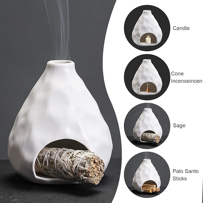 Palo Santo Sticks Holder Ceramic Incense Burner Holder Smudge Bowl for Sage Incense Cone Yoga Spiritual Meditation Room Home Decor Gift Mini Chiminea Ash Catcher