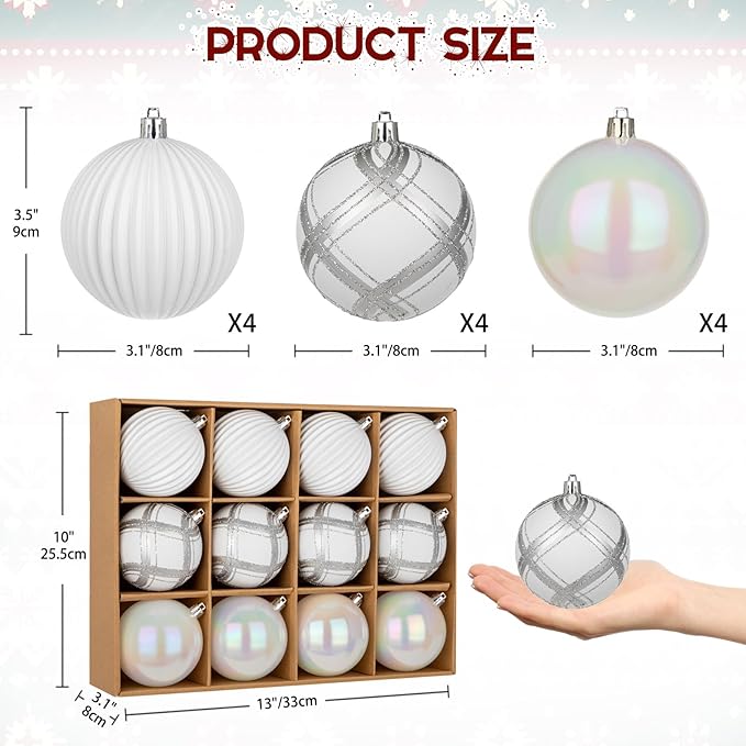 12 Pcs Christmas Ball Ornaments 3.15'' Shatterproof Plastic Hanging Balls Christmas Tree Decoration Ornaments for Xmas Holiday Party Wedding Decor - White