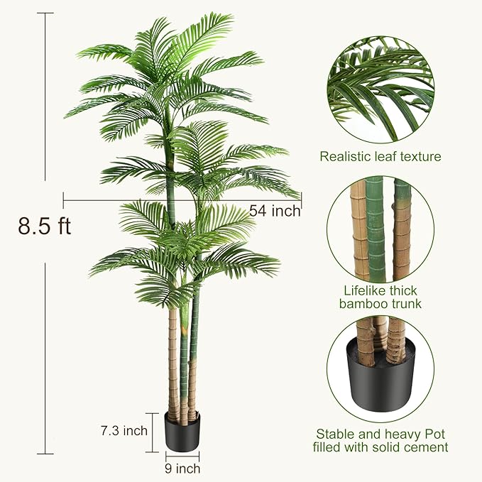 8.5ft Artificial Golden Cane Palm Tree - Large Triple Fake Palm Tree in Pot for Indoor/Outdoor, Patio, Pool, Big House, Office, Backyard, Home Decor - Green, Extra Tall
