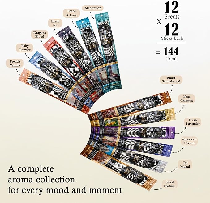 Tulasi Blunt Action Incense Sticks, 12 Packs, 144Pc, Long Lasting Fragrance, Natural Essential Oils Hand Rolled Incense Sticks for Aromatherapy, Relaxing, Yoga, Meditation, Prayer, Thanks Giving