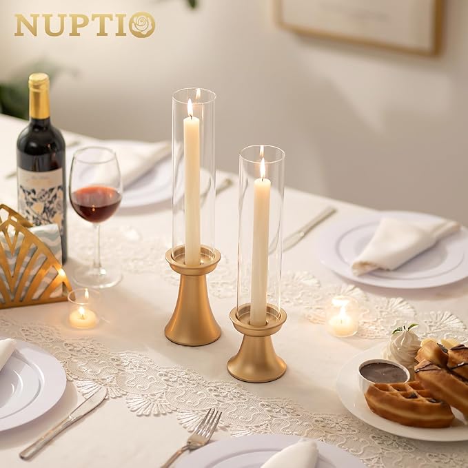 NUPTIO Taper Candle Holders Gold: Set of 2 Candlestick Holder with Hurricane Glass Cover - Tall Metal Candles Stick Stand for Fall Thanksgiving Christmas Seasonal Fireplace Decor