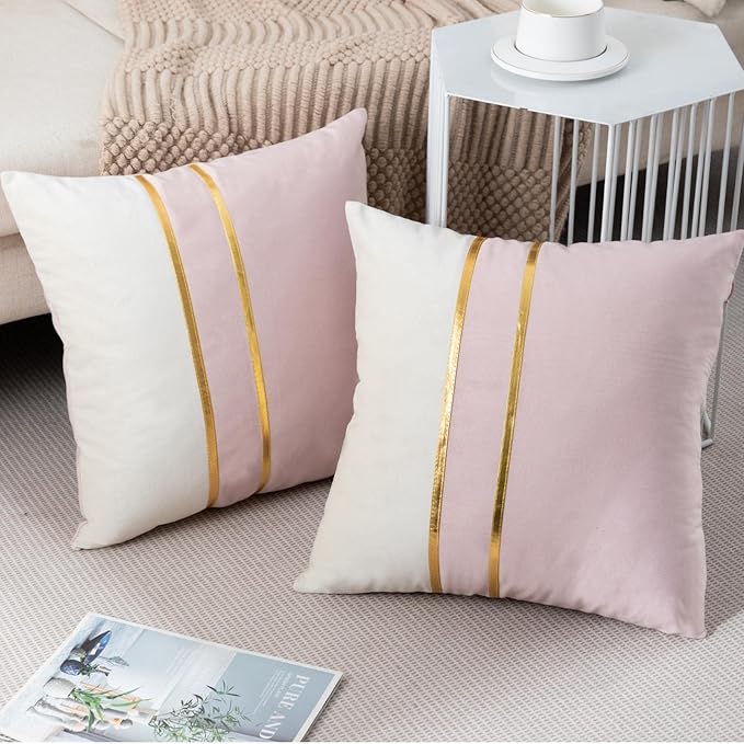 ZLINA Set of 2 Velvet Decorative Throw Pillow Covers Pink White Patchwork with Gold Leather Pillow Covers 24 × 24 Inch Cushion Covers Decor Living Room Sofa Bedroom Car