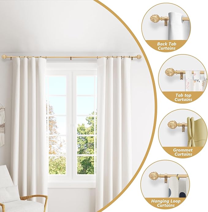 Curtain Rods 28"-48" Adjustable, Gold, Metal, Wall Mounted, Single Window Treatment Rods with Classic Finials