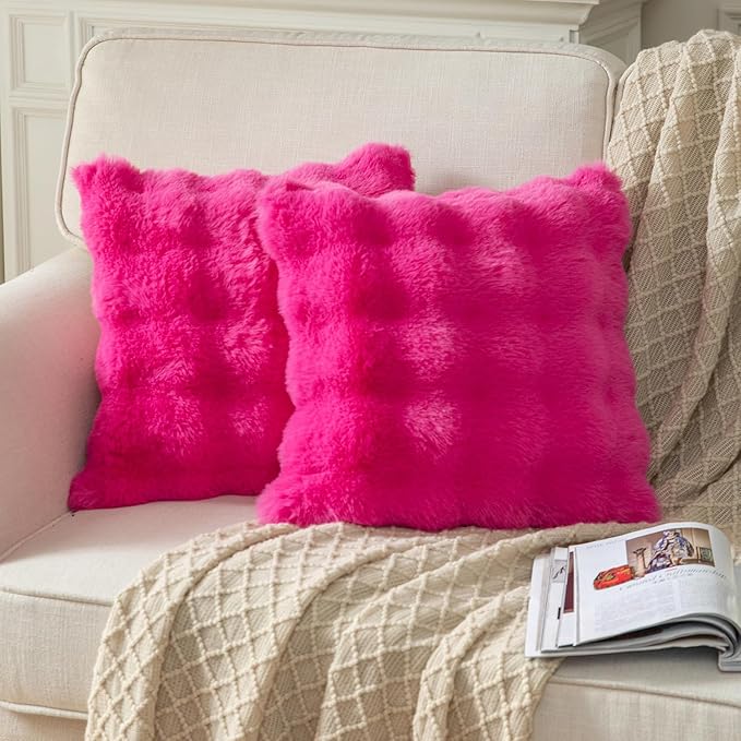 Yaertun Pack of 2 Hot Pink Thick Soft Wool Decorative Throw Pillow Covers 26x26 Inch Faux Fur Plush Fluffy Cushion Covers for Sofa Couch Bedroom