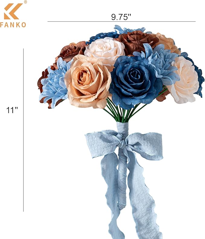 FANKO Artificial Flower Fake Rose Combo, 5 Mixed Silk Flowers Bouquet Dark & Light Brown Cream Roses, Blue Dahlia for DIY Wedding Bridal Bouquets/Centerpieces/Home Decorations