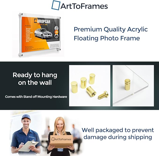 ArtToFrames Floating Acrylic Frame for Pictures Up to 24x30 inches (Full Frame is 28x34) with Gold Standoff Wall Mount Hardware, Acrylic-109-24x30-81