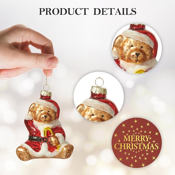 WDS WONDROUS Christmas Tree Ornaments Bear Balls, Cute Animal Glass Ornament, Gold & Red Christmas Hanging Ornament Decor for Tree, Whimsical Small Ornaments for Winter Holiday Decor (3.74”)