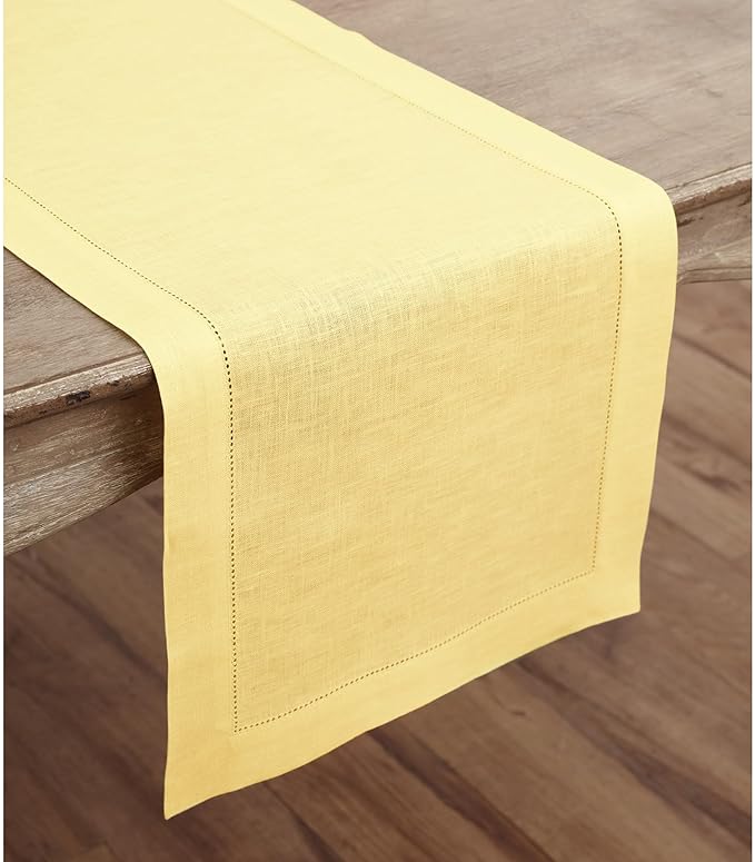 Solino Home Linen Yellow Table Runner 132 Inches Long - 100% Pure Linen Extra Long Table Runner 14 x 132 Inch for Valentines, Spring, Easter - Classic Hemstitch