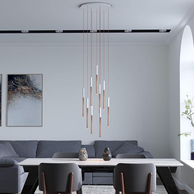 ALTAIR 9 Mini Pendant Lighting White-Copper - LED Hanging Light Fixture for Kitchen Island, Bar, Foyer - Cluster Pendants - Dimmable, Adjustable Wire, Lamp Bulb Included