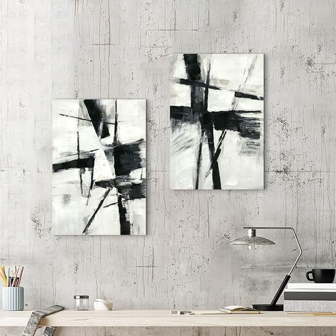 Black and White Abstract Wall Art: Modern Black & White Canvas Picture Prints Textured Stroke Graffiti Painting Contemporary Artwork for Living Room